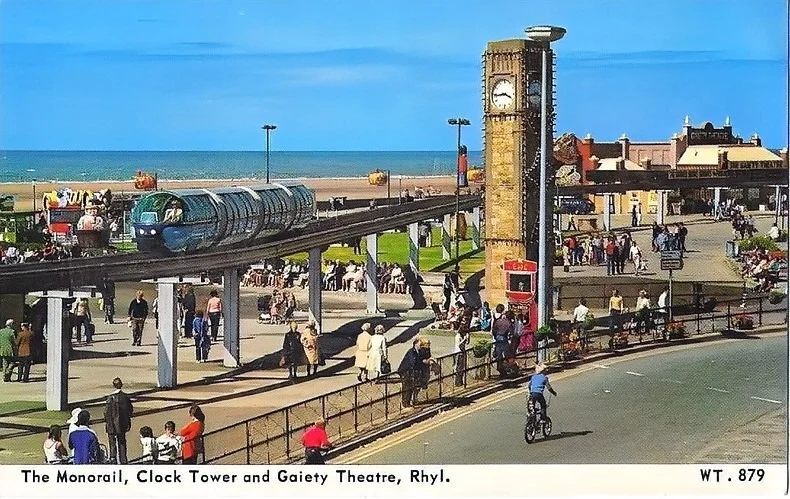 1980s postcard showing the Rhyl Monorail, Clock Tower and Gaiety Theatre