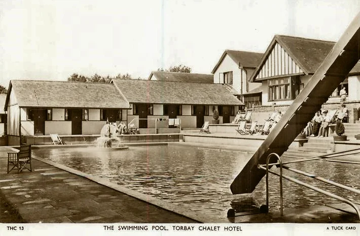 Vintage postcard of the Torbay Chalet Hotel showing the swimming pool
