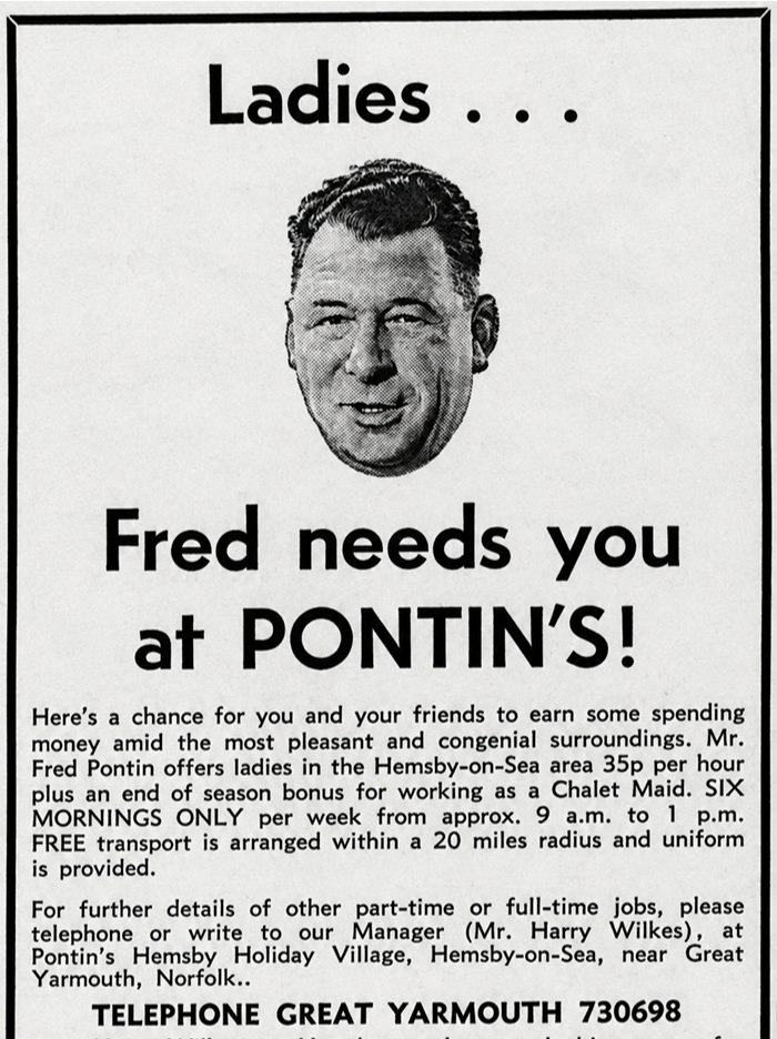 1971 advert seeking chalet maids at Pontins Hemsby Holiday camp