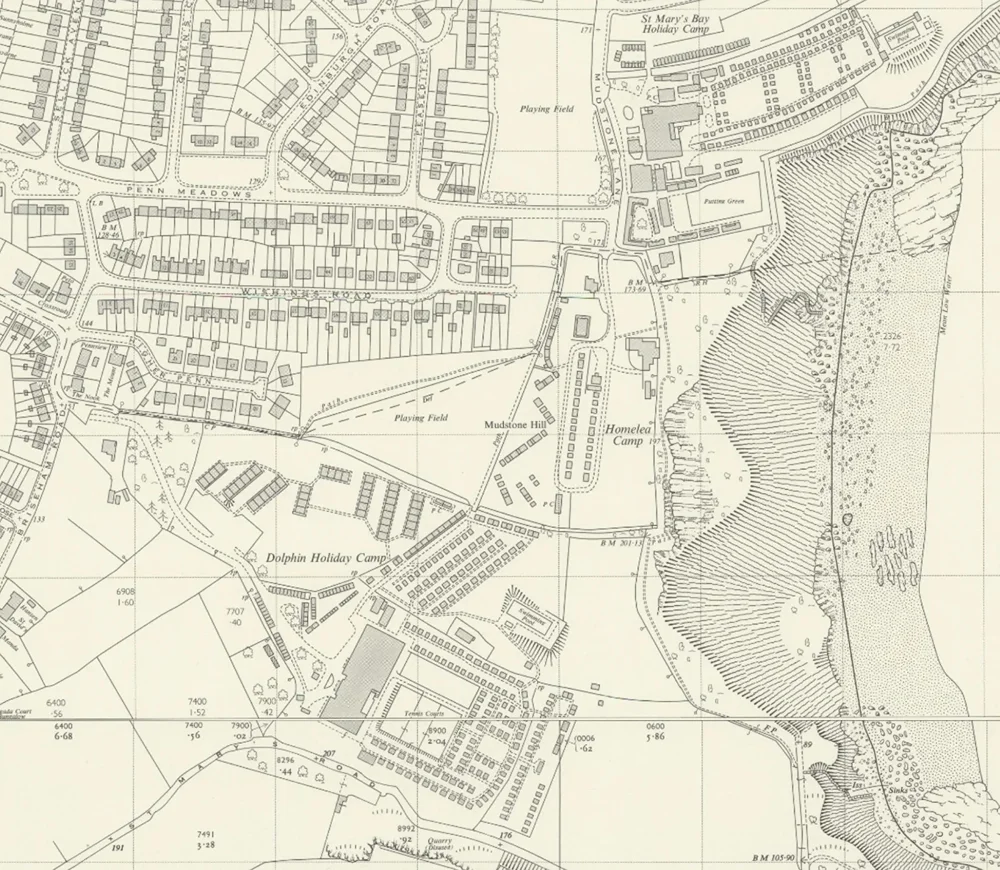 Old map of Brixham showing the three holiday camps. St Mary's Bay at the top, Homelea in the middle and Dolphin at the bottom